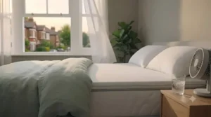 A calm, middle-aged woman sleeping deeply and undisturbed on a bed fitted with the cooling mattress topper, bathed in soft, natural light.