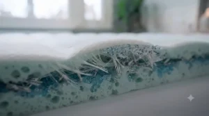 Detailed close-up cross-section of the cooling mattress topper showing airflow channels and embedded gel beads dissipating heat, demonstrating relief from hot flushes.