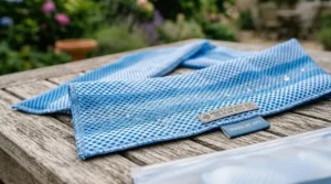 Close-up shot showing the breathable mesh fabric and care label of the cooling neck wrap.
