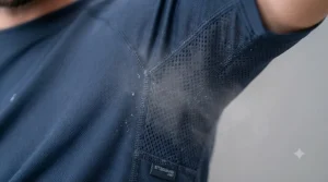 Close-up of the reinforced, breathable underarm mesh on a technical cooling work shirt.