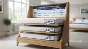 A retail in-store display featuring a comparison chart of various cooling mattress pads under £50.