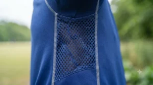 Detail of flat-lock stitching on the seams of a sports cooling shirt.