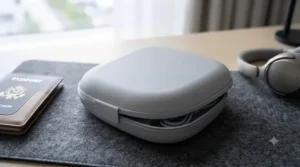 The LED neck fan packed neatly in a bag, emphasising its portable, travel-friendly design.
