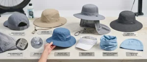 Side-by-side comparison of different cooling hat styles including caps and bucket hats.