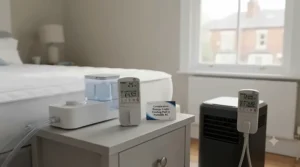 Bar chart illustrating the low energy consumption and running costs of water-cooling mattress pads compared to portable air conditioning units in UK homes.