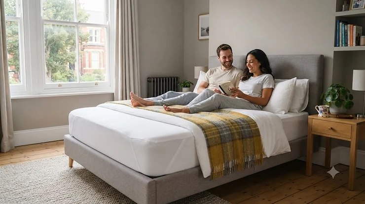 A plush cooling mattress protector on a double bed in a modern British bedroom, illustrating a comprehensive review. cooling mattress protector review