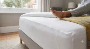 Close-up of breathable fabric texture on a cooling mattress protector showing moisture-wicking and airflow properties.