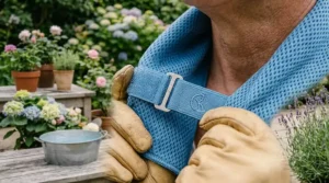 A close-up view of the adjustable fastener and design of the cooling neck wrap.