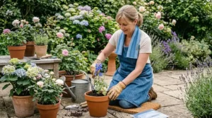 A person wearing a cooling neck wrap comfortably while gardening in a British garden.