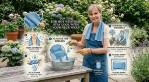 An infographic detailing top tips for staying cool with a neck wrap in hot weather.