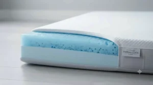 Close-up cross-section diagram illustrating the cooling gel-infused memory foam layer inside a mattress topper.