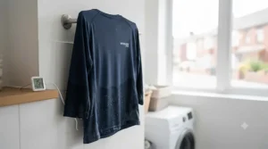 A cooling work shirt drying quickly on a rack, illustrating its quick-dry capability.