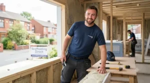 A construction worker wearing a breathable blue cooling work shirt on a sunny site. cooling work shirt