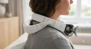 Side profile of the ergonomic, flexible neck fan frame resting comfortably on a person's shoulders.