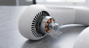 A close-up view demonstrating a hand adjusting the soft, flexible silicone inner padding of the rechargeable neck fan for all-day comfort.