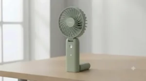 A foldable handheld fan unfolded and placed upright on an office desk, serving as a convenient mini desktop fan.