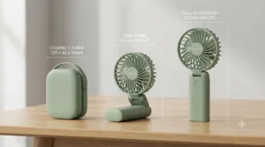 Diagram illustrating the compact dimensions of a foldable handheld fan folded down to fit easily into a handbag or pocket.