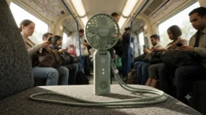 A commuter using a foldable handheld fan on a warm London Underground train to stay cool during the summer heatwave.