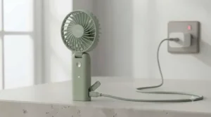 A foldable handheld fan connected to a USB cable for charging, highlighting its long-lasting rechargeable battery.