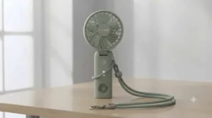 A foldable handheld fan featuring an attached safety lanyard, ideal for hands-free commuting on the Underground.