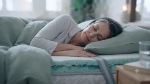 Enhanced macro texture of the cooling mattress topper's cover, highlighting the breathable, bamboo-infused fibres and the underlying open-cell foam structure.