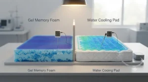 Infographic chart comparing heat retention and cooling efficiency between gel memory foam and water-cooling mattress pads for hot sleepers in the UK.