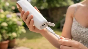 Close-up of a USB rechargeable handheld misting fan showing its modern charging port.