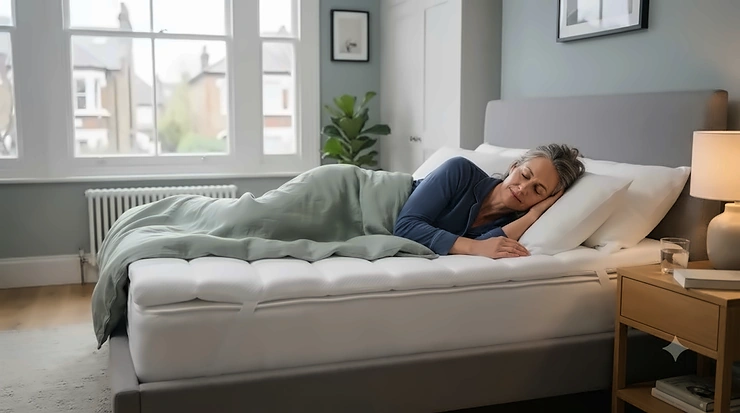 Sharp, layered side profile of the cooling mattress topper, showing the depth and distinct layers: the quilted cover, the blue cooling gel-infused memory foam, and the supportive base foam. cooling mattress topper for menopause