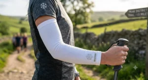 Hiker wearing cooling arm sleeves for UV protection on a summer trail.