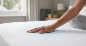 A person sleeping comfortably and coolly on a bed equipped with a high-rated cooling mattress protector.