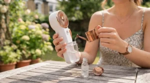 Hands filling the small water reservoir of a portable handheld misting fan from a tap.