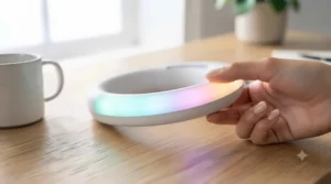 Close-up of the LED light feature on the neck fan, showing the vibrant lighting modes.