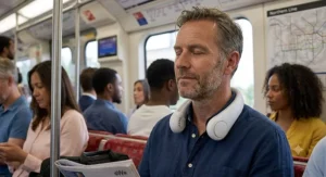 A man relaxing with his eyes closed on a commuter train, wearing a lightweight quietest neck fan for hands-free comfort.