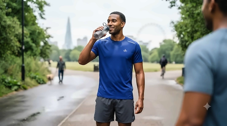A man wearing a blue sports cooling shirt while running in a park. sports cooling shirt