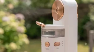 Small handheld misting fan attached near a pushchair to keep a toddler cool outdoors.