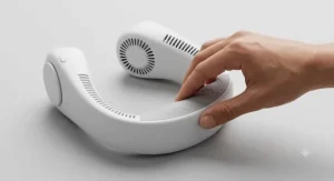 Graphic representation showing the three distinct airflow speed settings available on the rechargeable neck fan for personalised comfort.