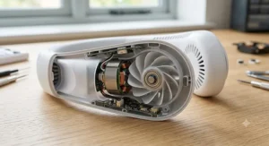 Close-up of the internal motor and blade design in our quietest neck fan, highlighting noise-reduction technology.