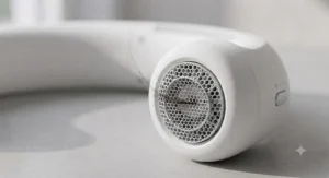 Close-up showing the enclosed air vents of the bladeless fan to demonstrate it is safe for long hair.