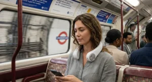 A traveller wearing a black bladeless neck fan while commuting on a busy London Underground train.