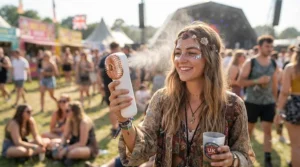 Festival-goer staying cool with a colourful handheld misting fan at an outdoor UK summer event.