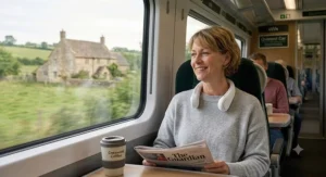 A woman reading The Guardian on a quiet train carriage, wearing a white quietest neck fan for personal cooling.