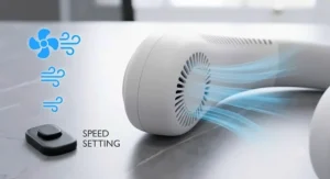 Close-up detail shot emphasizing the modern, ergonomic, and matte finish design of the portable rechargeable neck fan.