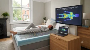 Body-mapping pressure distribution diagram showing spinal alignment on a high-density gel memory foam topper.