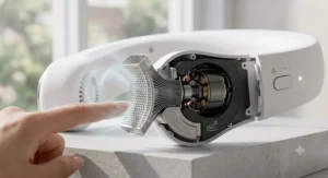 Detailed view of the bladeless air outlet, highlighting the quiet, hair-safe cooling technology.