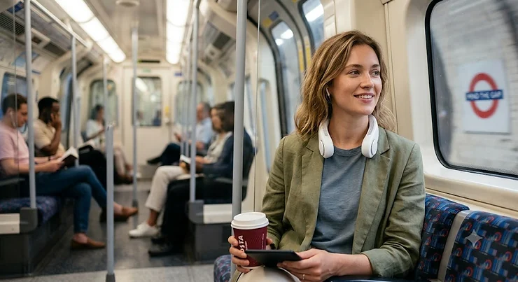 A person using a lightweight rechargeable neck fan while waiting at a busy London underground station during a warm commute. rechargeable neck fan