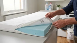 A zipped, machine-washable cover being removed from a memory foam mattress topper for easy home laundering.