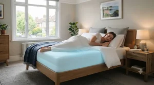 An artistic representation of a person sleeping soundly and coolly on their bed during warm weather.