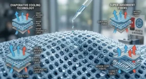 Three-step icon guide showing how to wet, wring, and snap the cooling towel to activate.