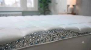A bright, airy British bedroom during a summer heatwave, featuring a freshly made bed with the cooling mattress topper, a open window with a breeze, and a small desk fan on the bedside table.