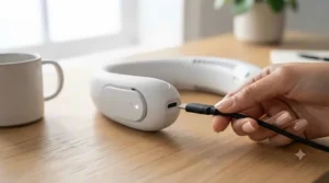 A USB-rechargeable LED neck fan being charged, highlighting long battery life for daily use.